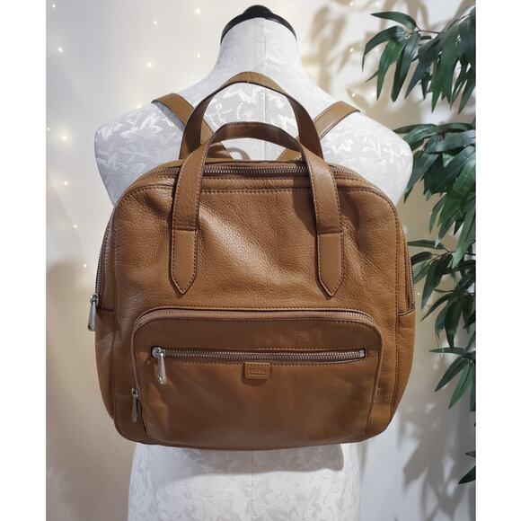 Fossil Riley Pebbled Leather Backpack Purse Medium Camel Tan Double Strap Bag - Picture 1 of 16